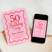 Pink Red Retro 50th Birthday Wavy Border 招待状