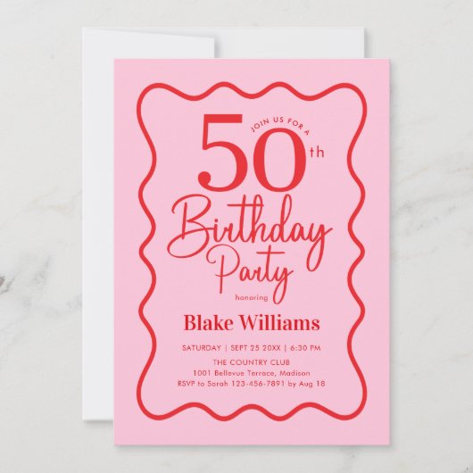 Pink Red Retro 50th Birthday Wavy Border 招待状 (正面)