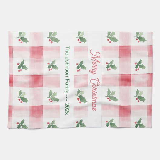 Pink Red Retro Christmas Personalized キッチンタオル (横)