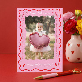 Pink Red Retro Wavy Scribble Child Photo Valentine シーズンカード