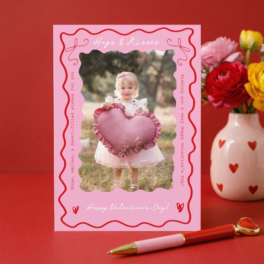 Pink Red Retro Wavy Scribble Child Photo Valentine シーズンカード