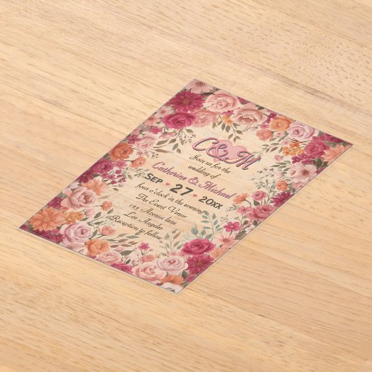 Pink & Red Romantic Rose Spring Floral Wedding アクリル招待状 (レイダウン)