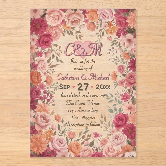 Pink & Red Romantic Rose Spring Floral Wedding アクリル招待状 (正面)