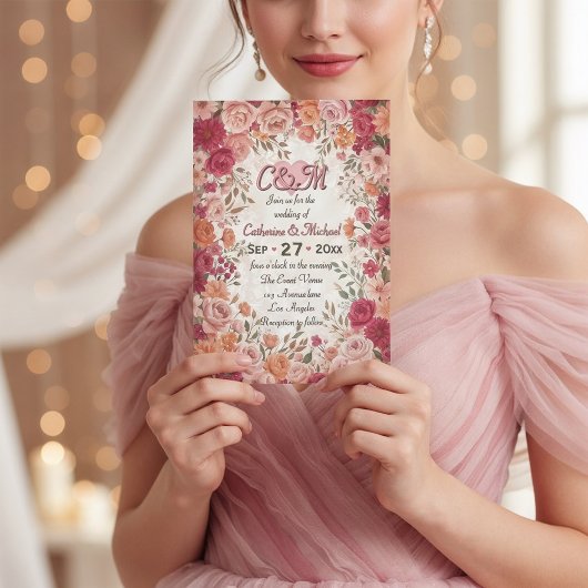 Pink & Red Romantic Rose Spring Floral Wedding 招待状