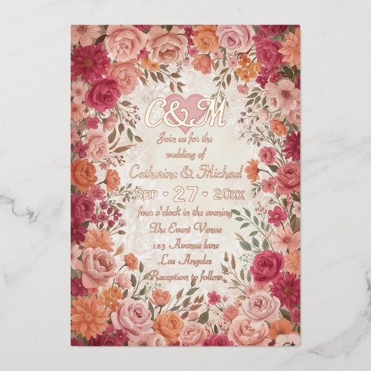 Pink & Red Romantic Rose Spring Floral Wedding 箔招待状 (正面)