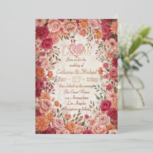 Pink & Red Romantic Rose Spring Floral Wedding 箔招待状 (立ち正面)