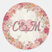 Pink & Red Romantic Spring Floral Monogram Wedding ラウンドシール (正面)