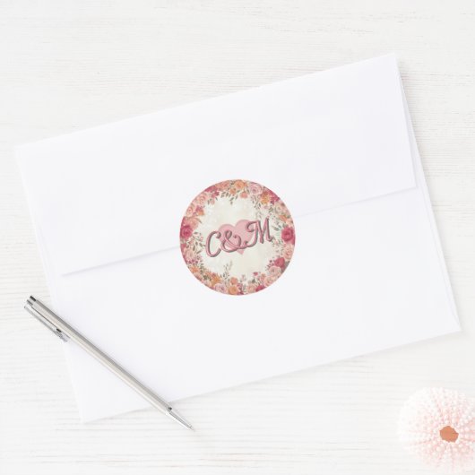 Pink & Red Romantic Spring Floral Monogram Wedding ラウンドシール (封筒)