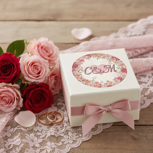 Pink & Red Romantic Spring Floral Monogram Wedding ラウンドシール