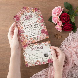 Pink & Red Romantic Spring Floral QR Code Wedding オールインワン招待状