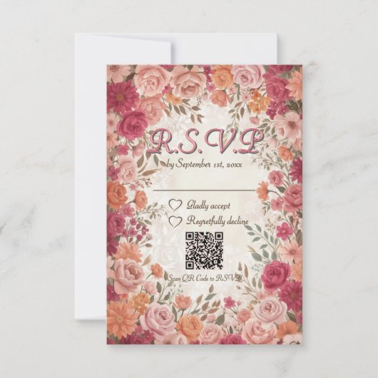 Pink & Red Romantic Spring Floral QR Code Wedding 出欠カード (正面)