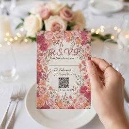 Pink & Red Romantic Spring Floral QR Code Wedding 出欠カード