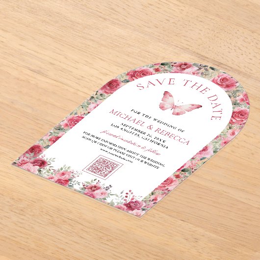 Pink Red Roses Butterfly Wedding Save the Date アクリル招待状 (レイダウン)