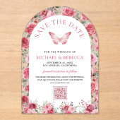 Pink Red Roses Butterfly Wedding Save the Date アクリル招待状 (正面)