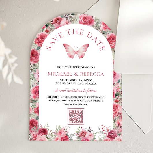Pink Red Roses Butterfly Wedding Save the Date アクリル招待状