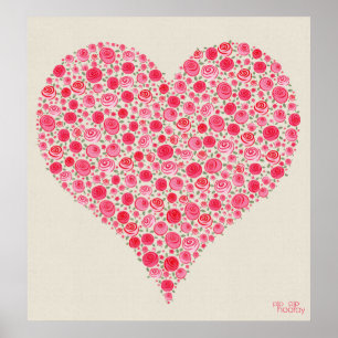 Pink Red Roses Love Heart Painting Print ポスター