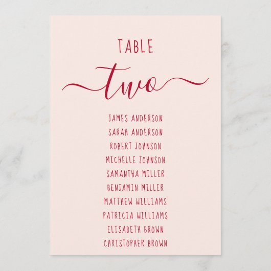 Pink & Red Script Simple Modern Seating Chart Card (裏面)