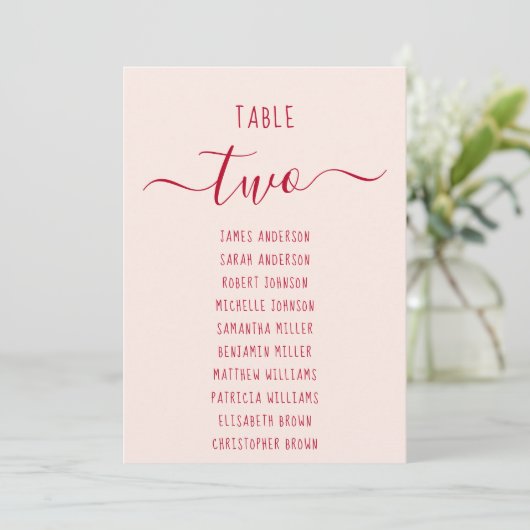 Pink & Red Script Simple Modern Seating Chart Card (スタンド正面)
