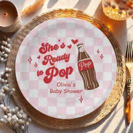  Pink Red She's Ready to Pop Baby Shower ペーパープレート
