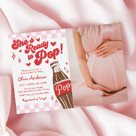 Pink Red She's Ready to Pop Baby Shower Photo 招待状
