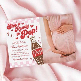 Pink Red She's Ready to Pop Baby Shower Photo 招待状