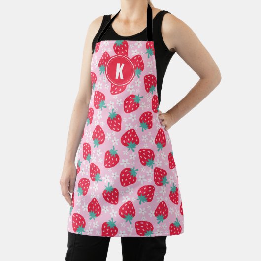 Pink Red Strawberries Floral  Pattern Monogram エプロン (インサイチュ)