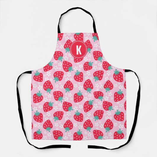 Pink Red Strawberries Floral  Pattern Monogram エプロン (正面)