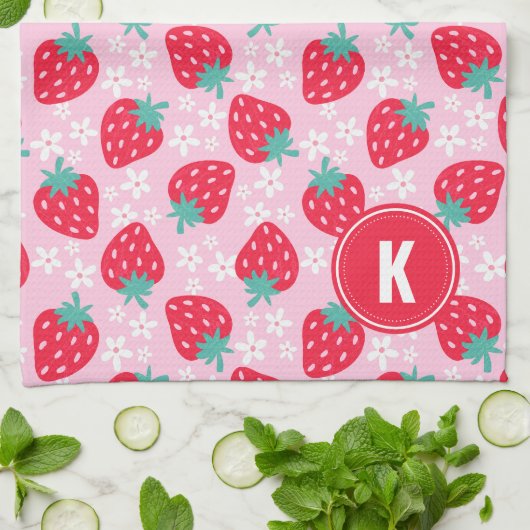 Pink Red Strawberries Floral  Pattern Monogram キッチンタオル (折り畳み)