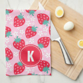 Pink Red Strawberries Floral  Pattern Monogram キッチンタオル (四つ折り)