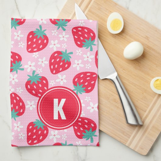 Pink Red Strawberries Floral  Pattern Monogram キッチンタオル (四つ折り)