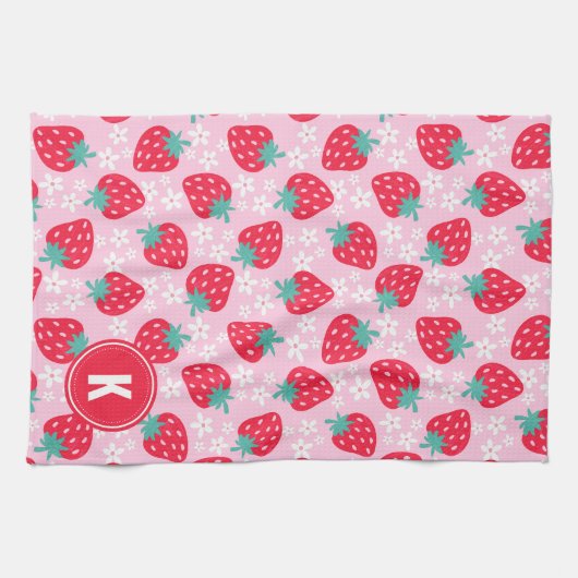 Pink Red Strawberries Floral  Pattern Monogram キッチンタオル (横)
