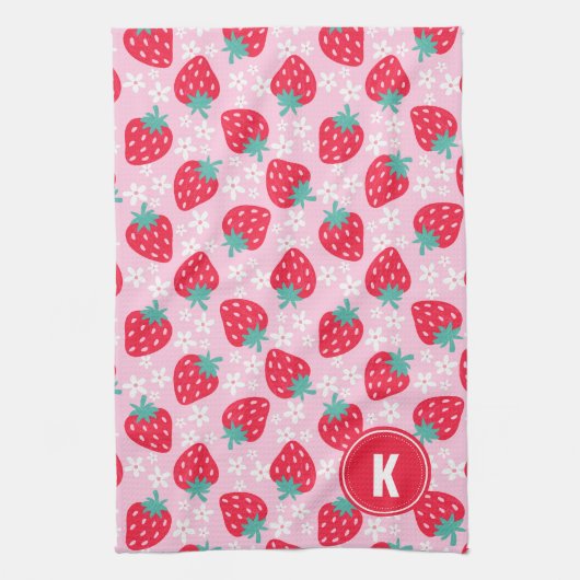 Pink Red Strawberries Floral  Pattern Monogram キッチンタオル (縦)