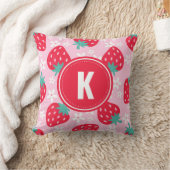 Pink Red Strawberries Floral  Pattern Monogram クッション (ブランケット)
