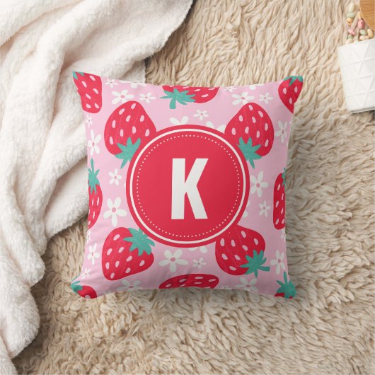 Pink Red Strawberries Floral  Pattern Monogram クッション (ブランケット)