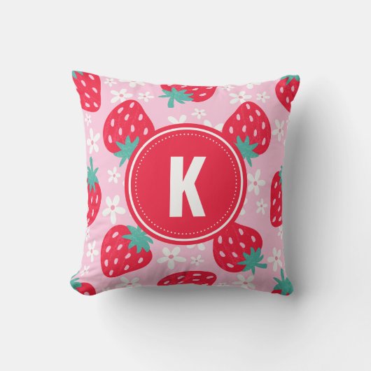 Pink Red Strawberries Floral  Pattern Monogram クッション (正面)