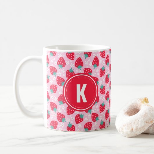 Pink Red Strawberries Floral Pattern Monogram コーヒーマグカップ (ドーナツ)