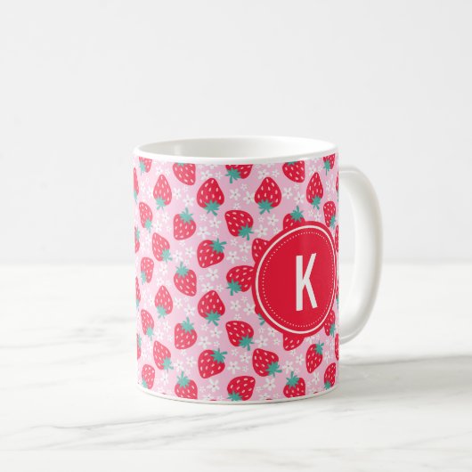 Pink Red Strawberries Floral  Pattern Monogram コーヒーマグカップ (正面右)