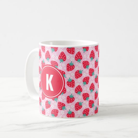 Pink Red Strawberries Floral Pattern Monogram コーヒーマグカップ (正面左)