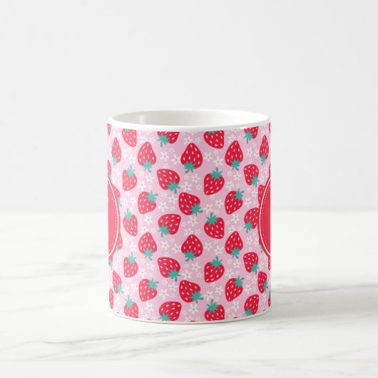 Pink Red Strawberries Floral Pattern Monogram コーヒーマグカップ (中央)