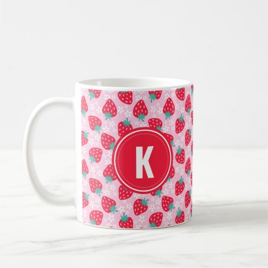 Pink Red Strawberries Floral Pattern Monogram コーヒーマグカップ (左)