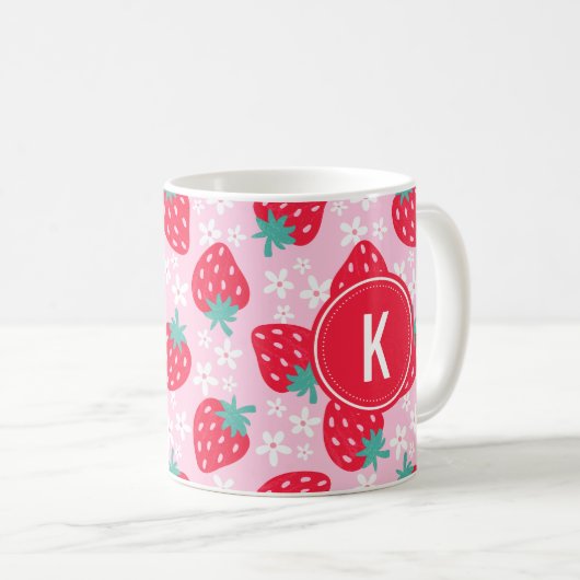 Pink Red Strawberries Floral  Pattern Monogram コーヒーマグカップ (正面右)