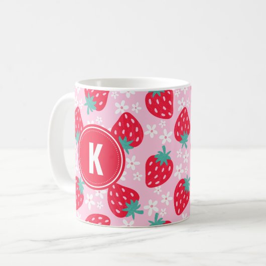 Pink Red Strawberries Floral  Pattern Monogram コーヒーマグカップ (正面左)