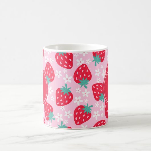 Pink Red Strawberries Floral  Pattern Monogram コーヒーマグカップ (中央)