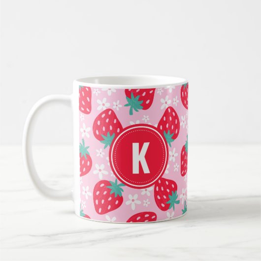 Pink Red Strawberries Floral  Pattern Monogram コーヒーマグカップ (左)
