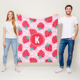 Pink Red Strawberries Floral Pattern Monogram フリースブランケット
