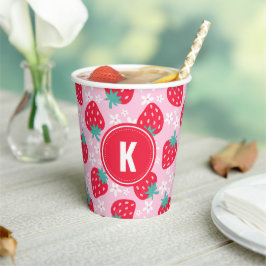 Pink Red Strawberries Floral Pattern Monogram 紙コップ