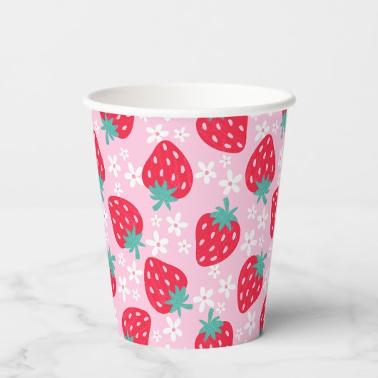 Pink Red Strawberries Floral  Pattern Monogram 紙コップ (裏面)