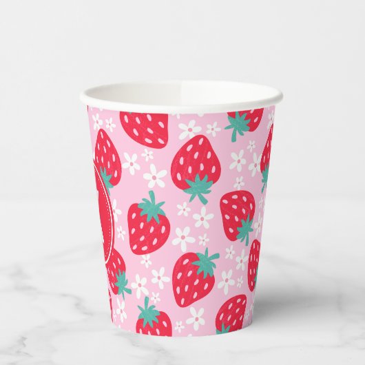 Pink Red Strawberries Floral Pattern Monogram 紙コップ (左)