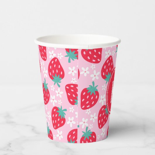 Pink Red Strawberries Floral  Pattern Monogram 紙コップ (右)