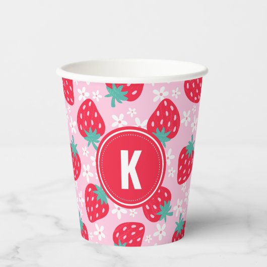 Pink Red Strawberries Floral  Pattern Monogram 紙コップ (正面)